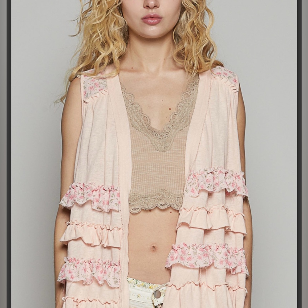 POL NWT Pink Ruffled Sleeveless Cardigan/Vest. Cotton/Poly Blend - Picture 5 of 7